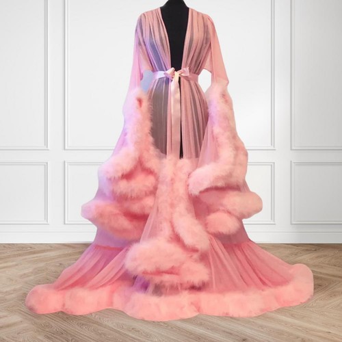 Women's Sheer Sleepwear Nightwear Robes Artificial Feather Trim Dresses New