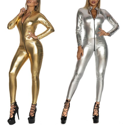 Women's Shiny Leather Bodysuit Long Sleeve Zipper Crotch Catsuit Skinny Jumpsuit