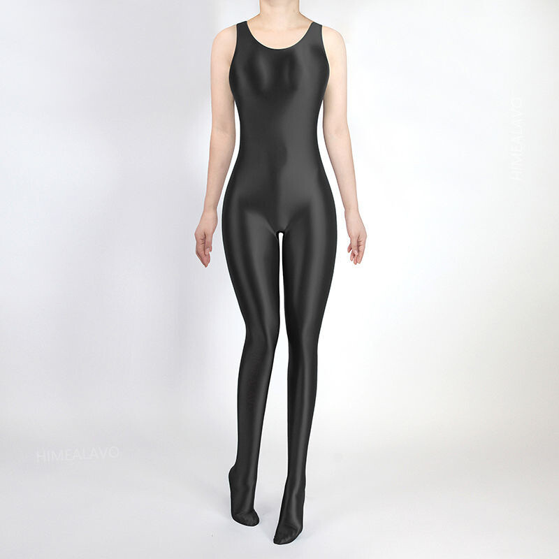 Women's Shiny Satin Glossy Bodysuit Wet Look Sleeveless Catsuit Footed Jumpsuit