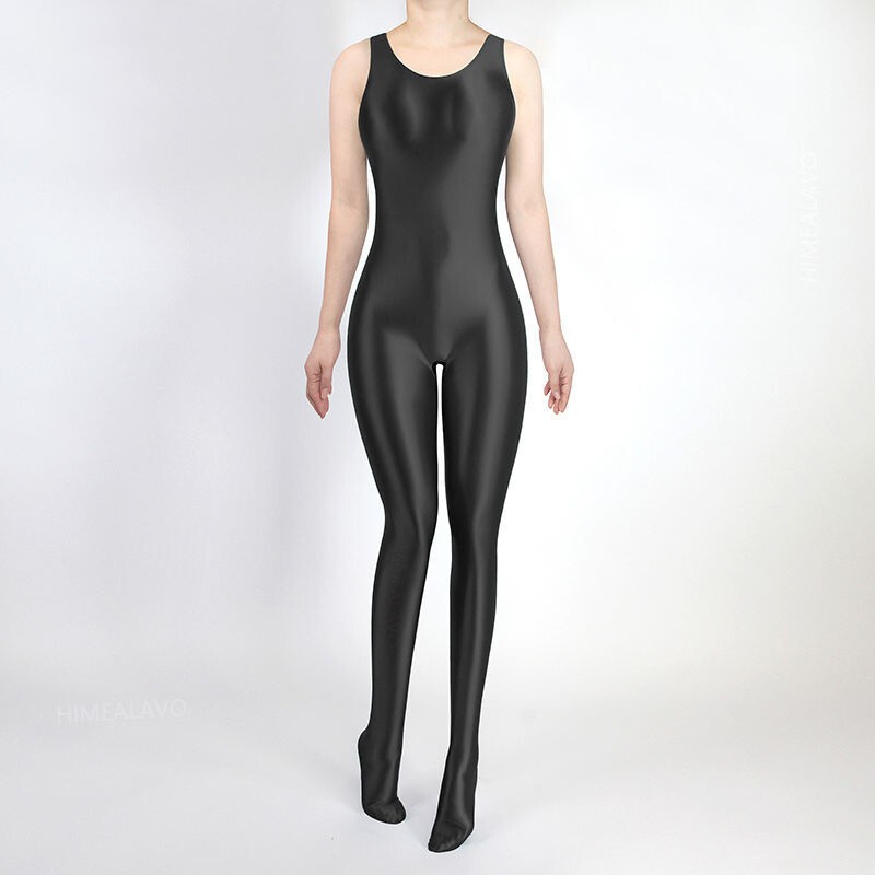 Women's Shiny Satin Glossy Bodysuit Wet Look Sleeveless Catsuit Footed Jumpsuit