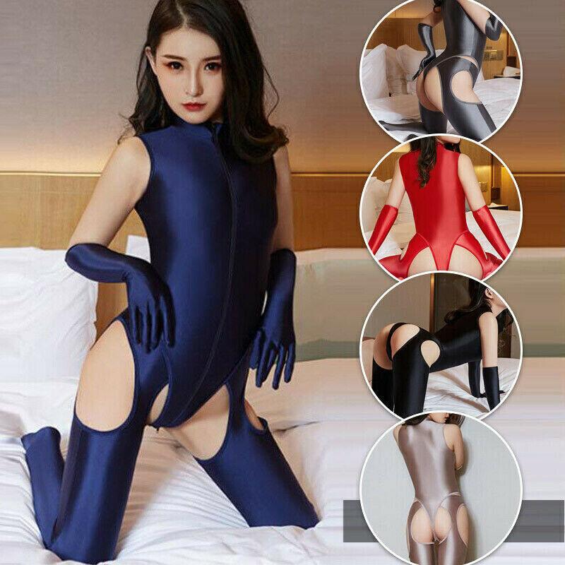 Women's Shiny Satin Glossy Catsuit Zipper Bodysuit Pantyhose Gloves Jumpsuit Set