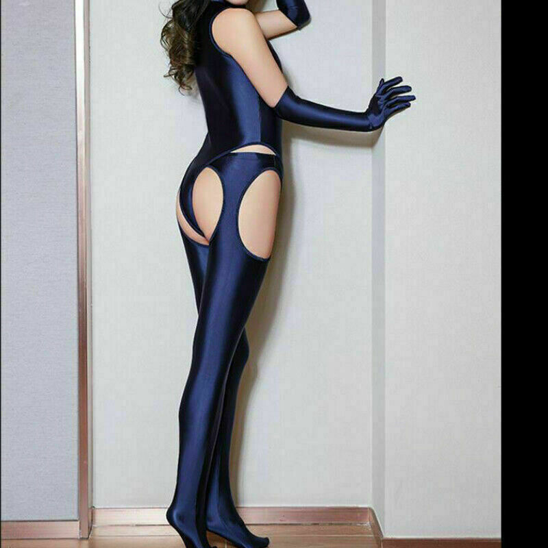 Women's Shiny Satin Glossy Catsuit Zipper Bodysuit Pantyhose Gloves Jumpsuit Set