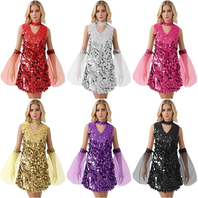 Women's Shiny Sequin Disco Dance Sleeveless Mini Dress With Oversleeve Costume
