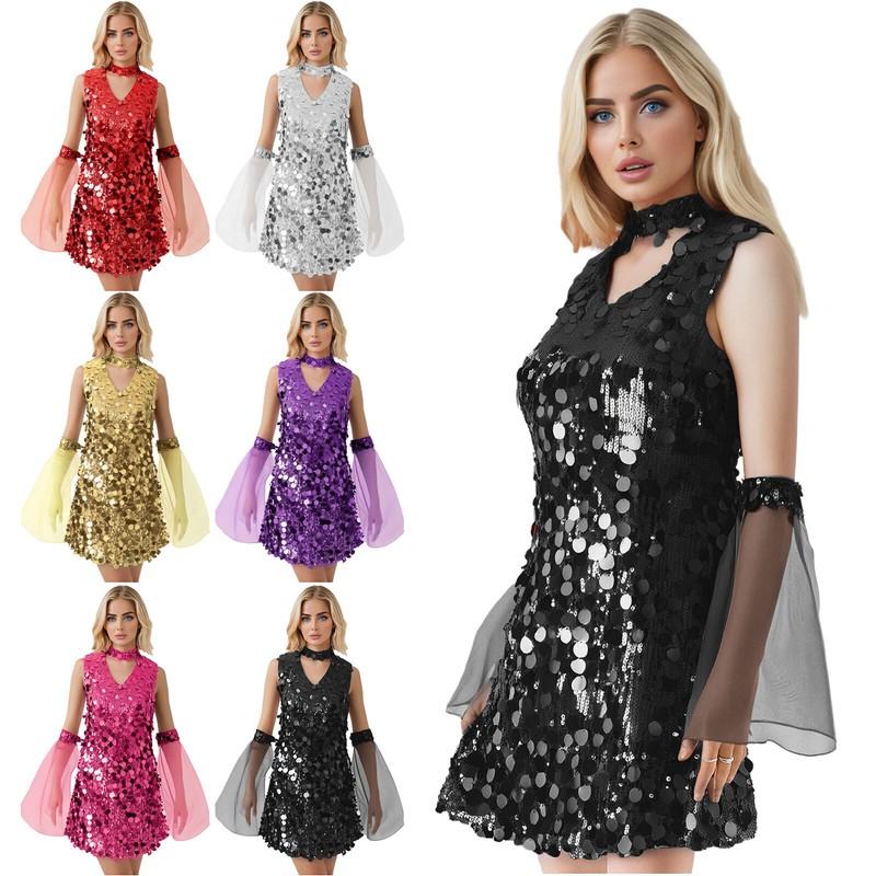 Women's Shiny Sequin Disco Dance Sleeveless Mini Dress With Oversleeve Costume