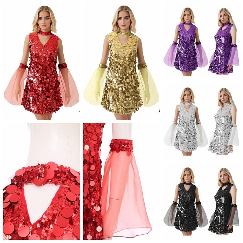 Women's Shiny Sequin Disco Dance Sleeveless Mini Dress With Oversleeve Costume