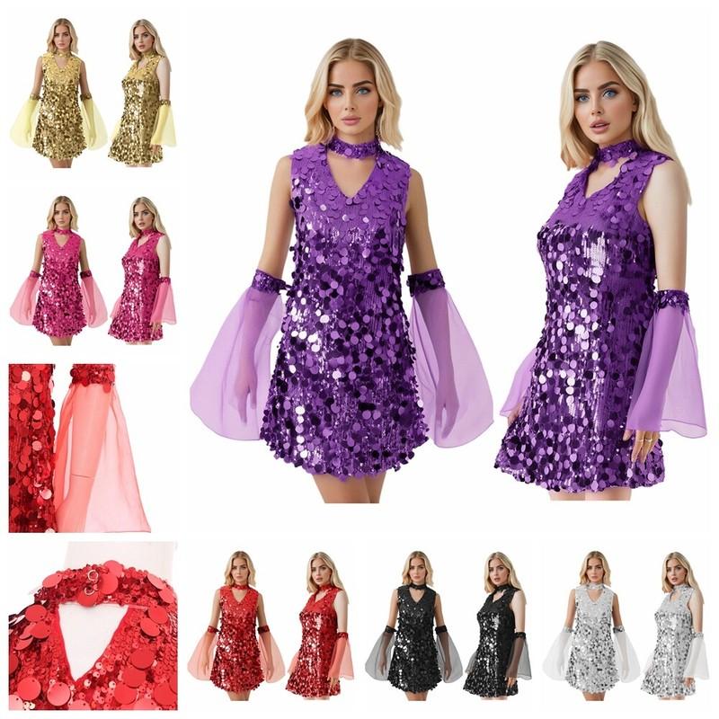 Women's Shiny Sequin Disco Dance Sleeveless Mini Dress with Oversleeve Costume