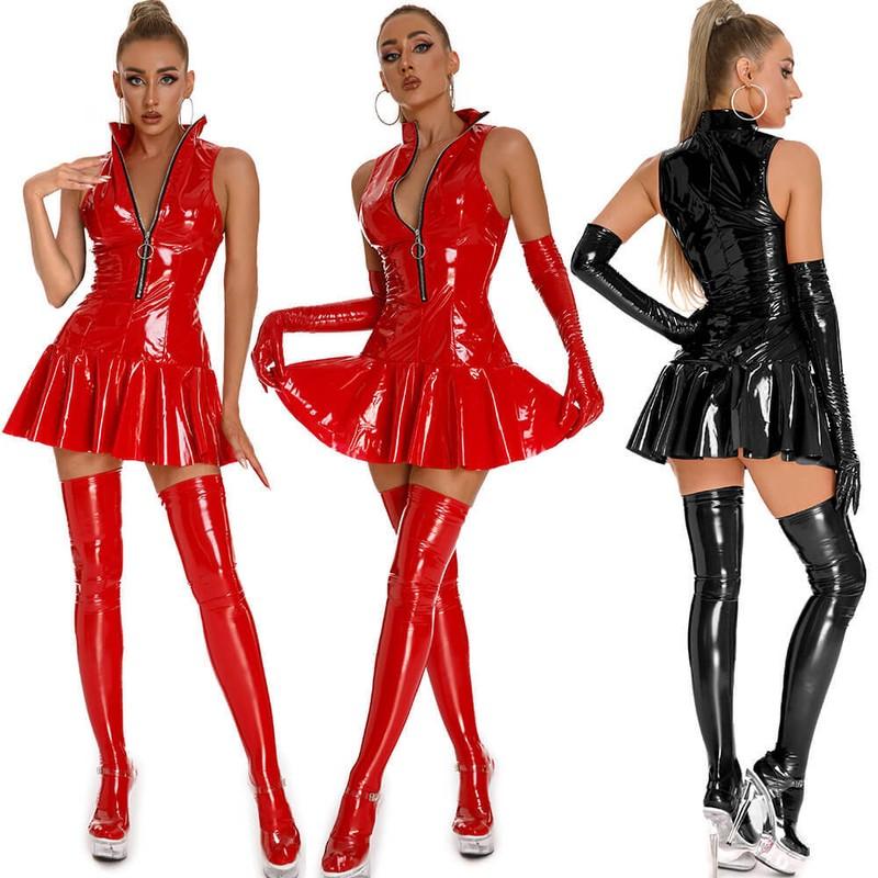 Women's Shiny Wet Look Faux Leather Flared Skater Skirt Pleated Short Mini Dress