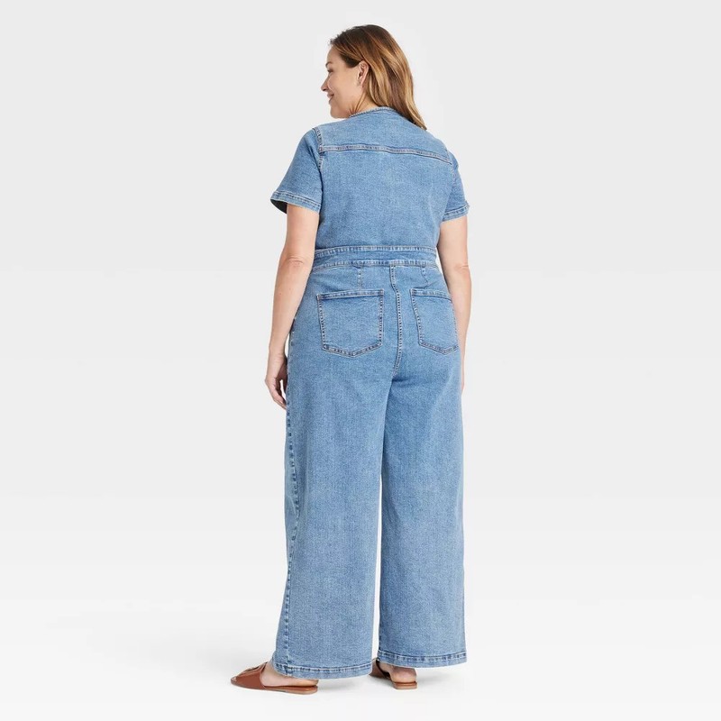 Women's Short Sleeve Button-Front Jumpsuit - Ava & Viv Medium Wash 17:
