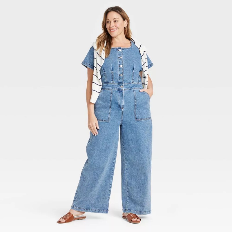 Women's Short Sleeve Button-Front Jumpsuit - Ava & Viv Medium Wash 17: