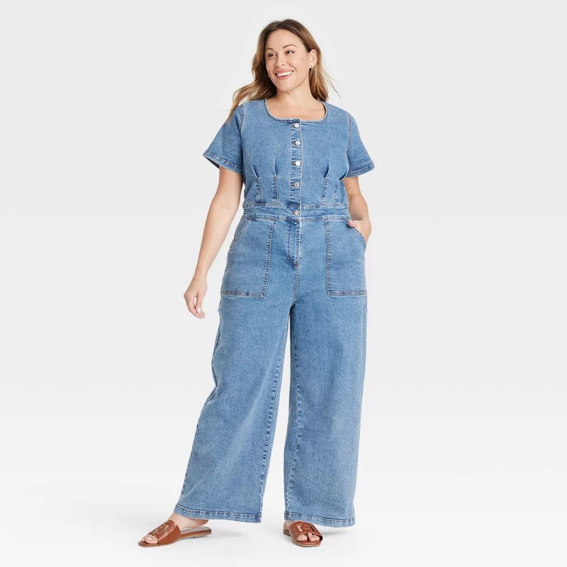 Women's Short Sleeve Button-Front Jumpsuit - Ava & Viv Medium Wash 17: