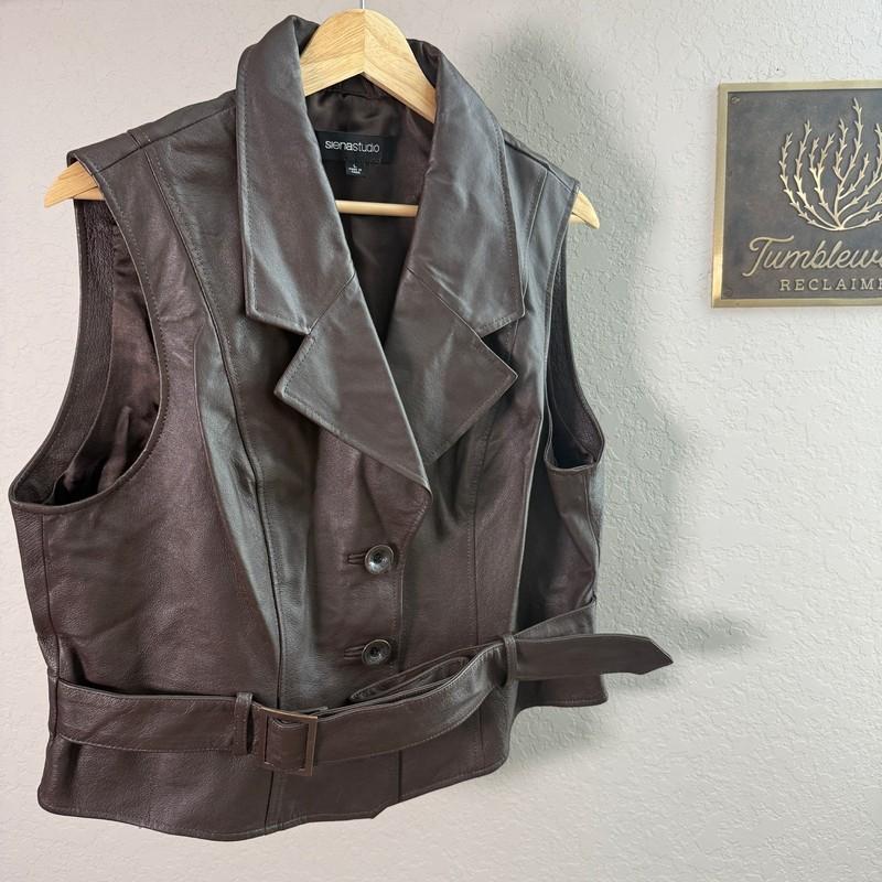 Women's Sienna Studio Dark Chocolate Brown Leather Buckle Waist Vest Size L NEW