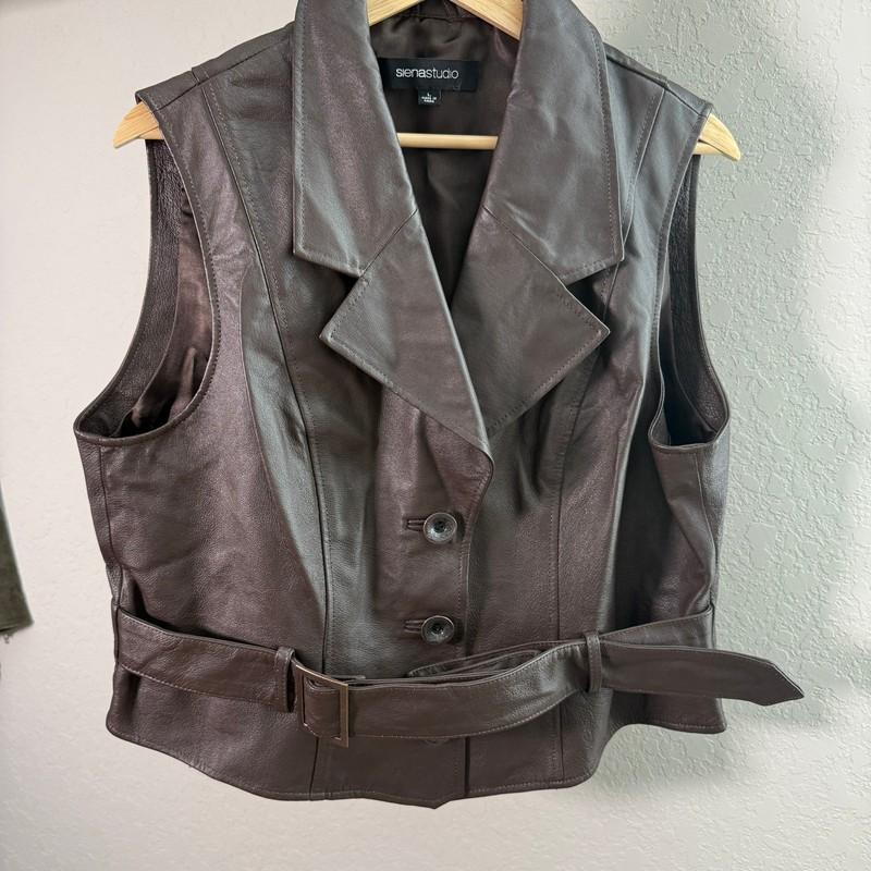 Women's Sienna Studio Dark Chocolate Brown Leather Buckle Waist Vest Size L NEW