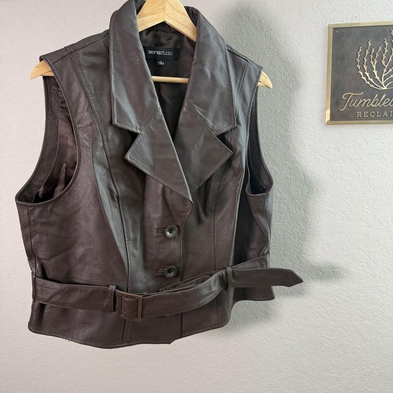 Women's Sienna Studio Dark Chocolate Brown Leather Buckle Waist Vest Size L NEW