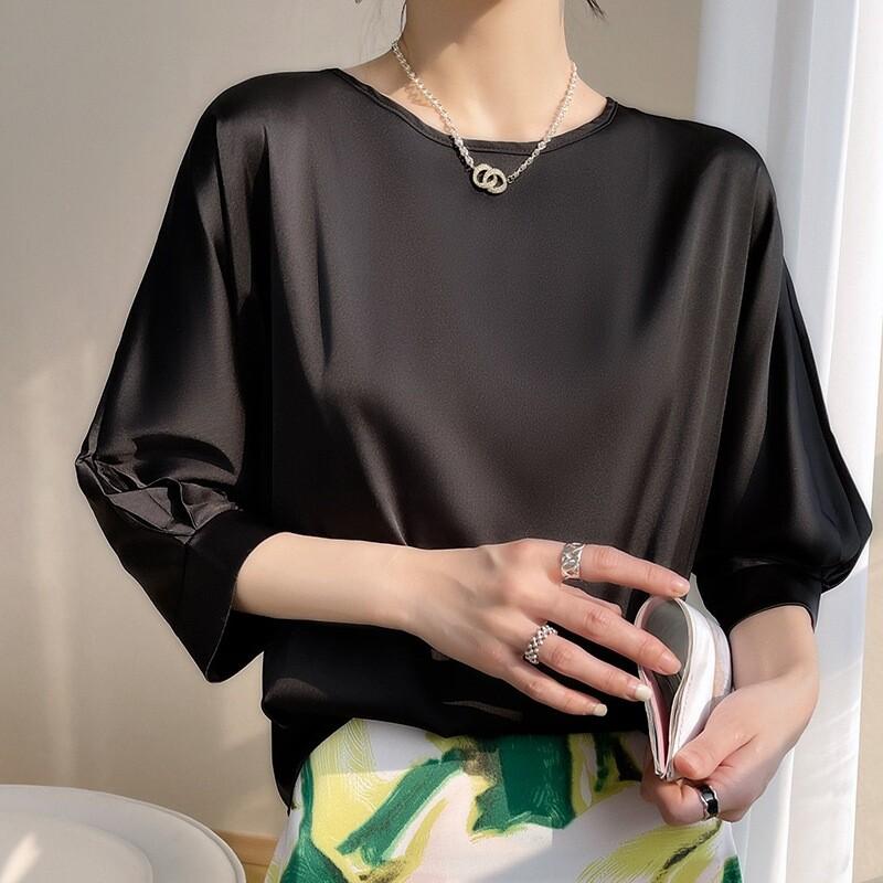 Women's Silk Satin 3/4 Sleeve Tops Round Neck Pullover Soft Casual Shirts Blouse