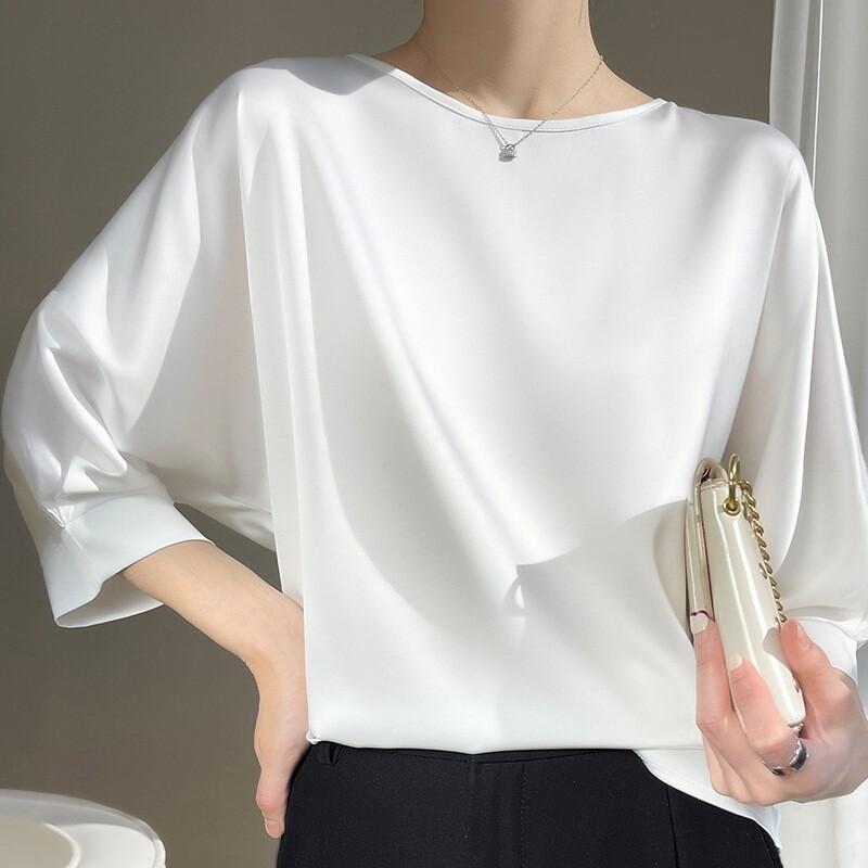 Women's Silk Satin 3/4 Sleeve Tops Round Neck Pullover Soft Casual Shirts Blouse