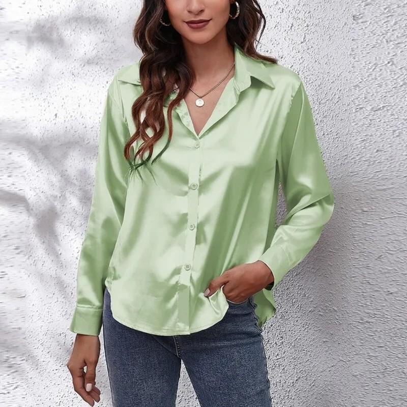 Women’s Silk Satin Blouse Long Sleeve Button Down Shirt Casual Loose Top