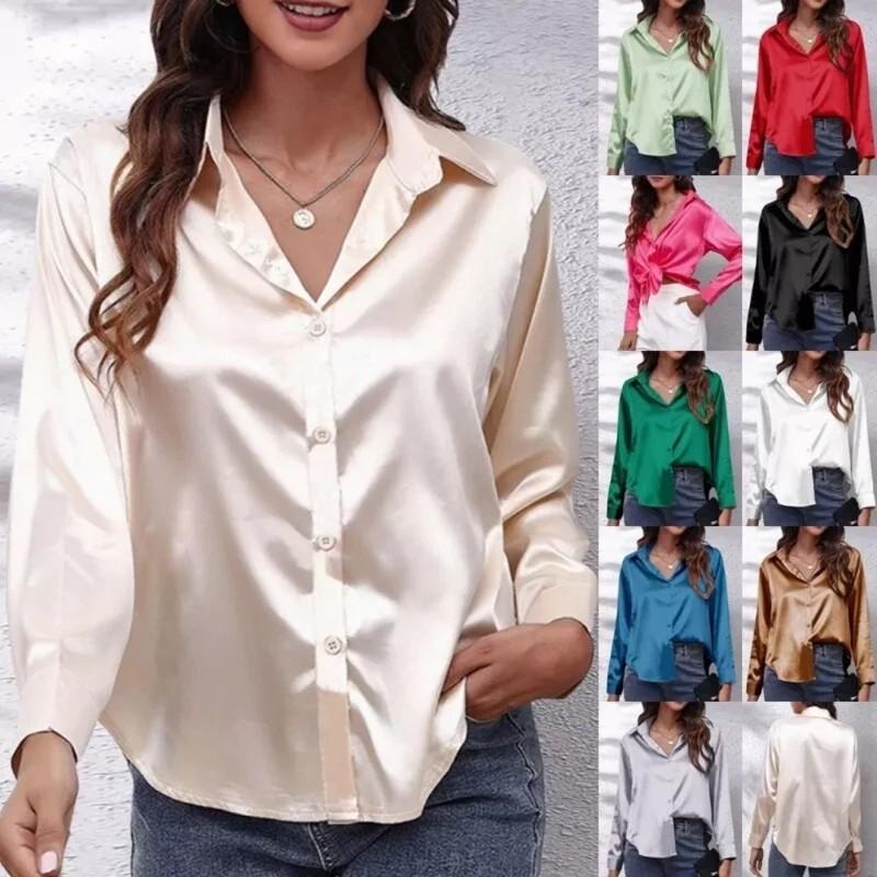 Women’s Silk Satin Blouse Long Sleeve Button Down Shirt Casual Loose Top