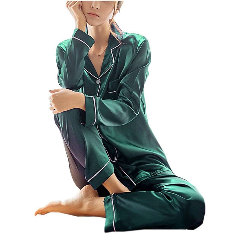 Women's Silk Satin Pajamas Set Ladies Long Sleeve Sleepwear Loungewear Nightwear