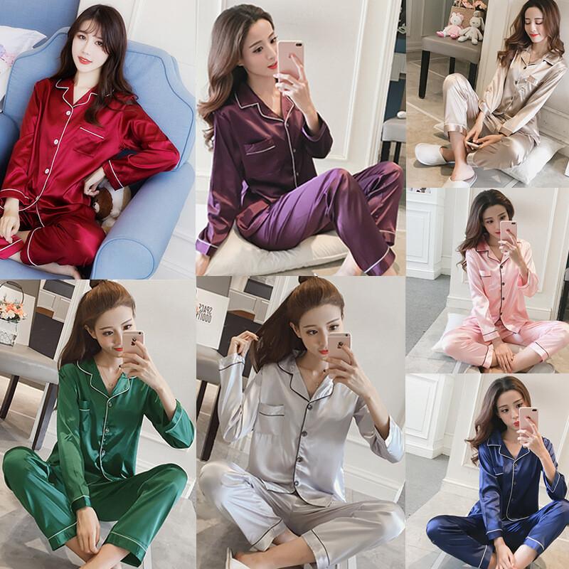 Women's Silk Satin Pajamas Set Ladies Long Sleeve Sleepwear Loungewear Nightwear