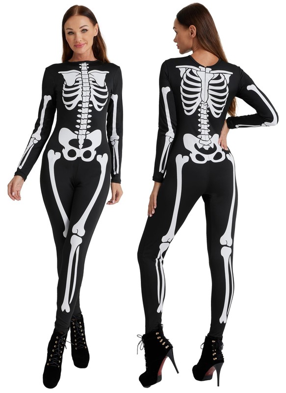 Women's Skeleton Bodysuit - Form-Fitting Catsuit With Front And Back Bone Des