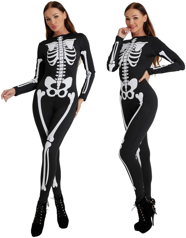 Women's Skeleton Bodysuit - Form-Fitting Catsuit With Front And Back Bone Des