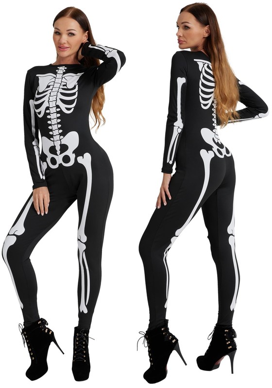 Women's Skeleton Bodysuit - Form-Fitting Catsuit With Front And Back Bone Des