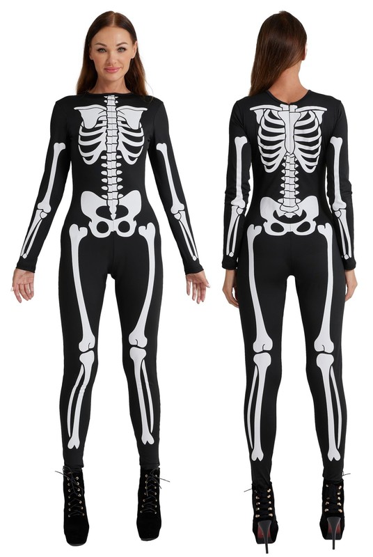 Women's Skeleton Bodysuit - Form-Fitting Catsuit with Front and Back Bone Des