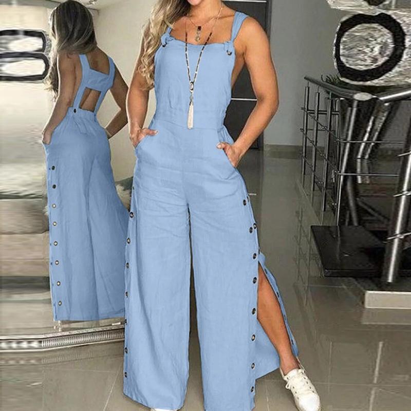 Women's Sleeveless Cotton Linen Playsuits Strappy Side Button Opening Overalls