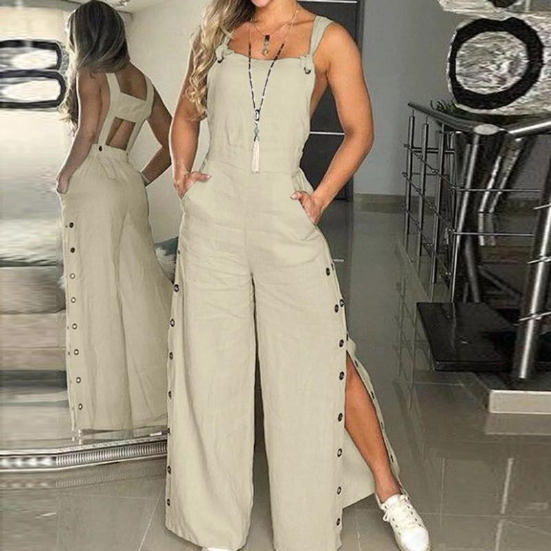 Women's Sleeveless Cotton Linen Playsuits Strappy Side Button Opening Overalls