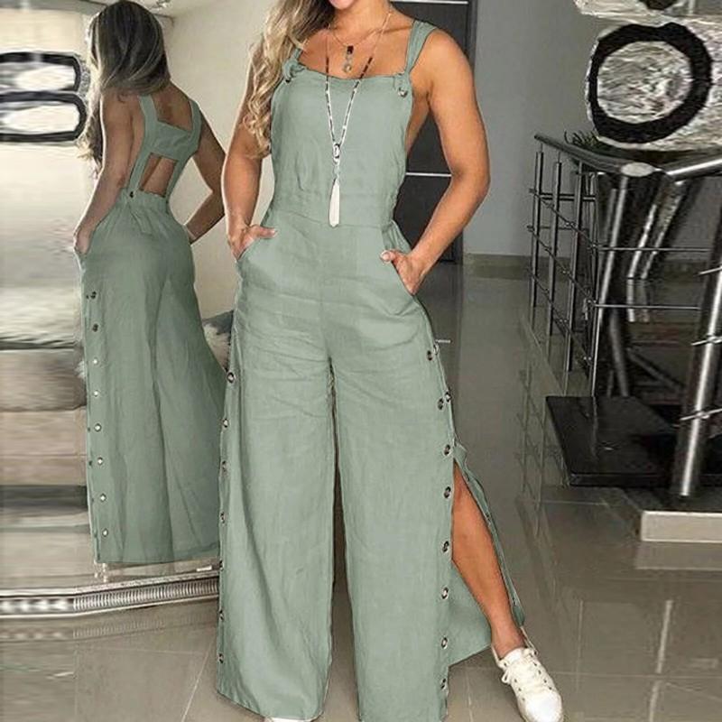 Women's Sleeveless Cotton Linen Playsuits Strappy Side Button Opening Overalls