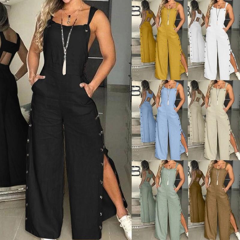 Women's Sleeveless Cotton Linen Playsuits Strappy Side Button Opening Overalls