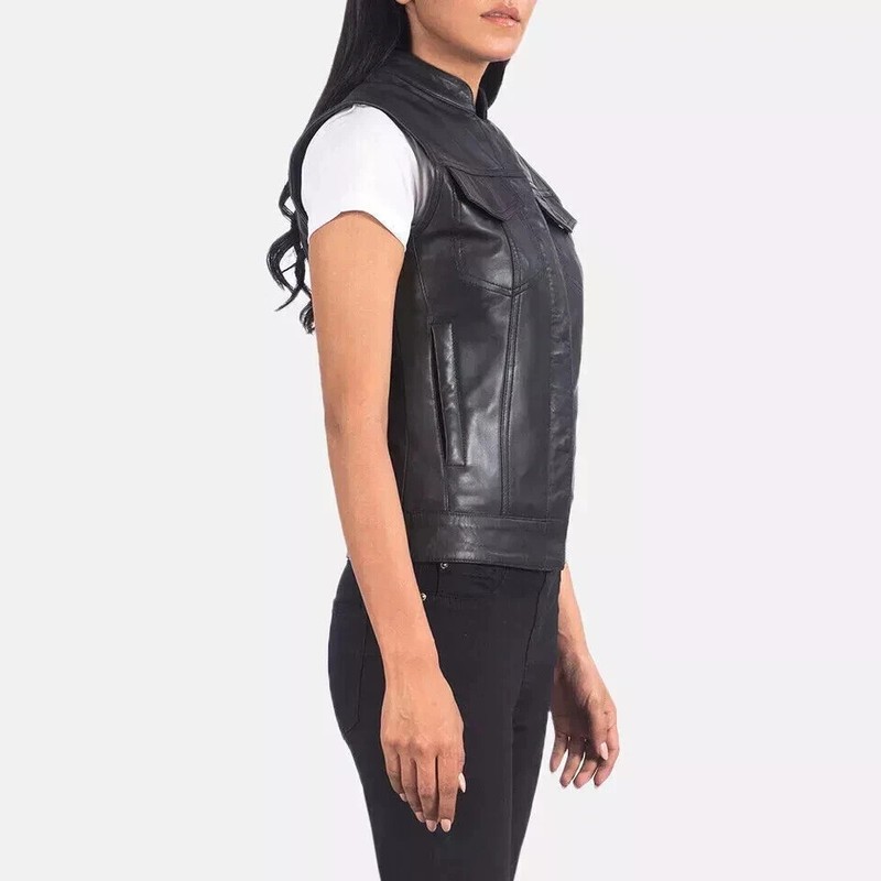 Women's Sleeveless Leather Vest Coat Jacket Slim Fit Black Waist Jacket Coat