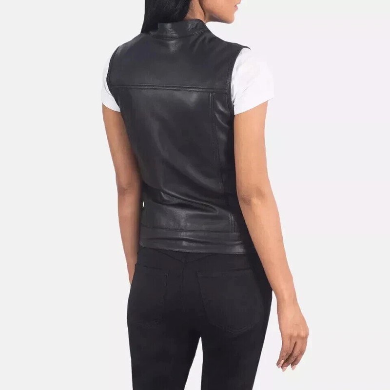 Women's Sleeveless Leather Vest Coat Jacket Slim Fit Black Waist Jacket Coat