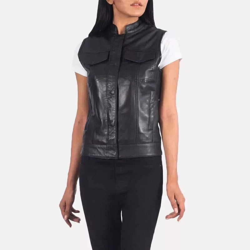 Women's Sleeveless Leather Vest Coat Jacket Slim Fit Black Waist Jacket Coat
