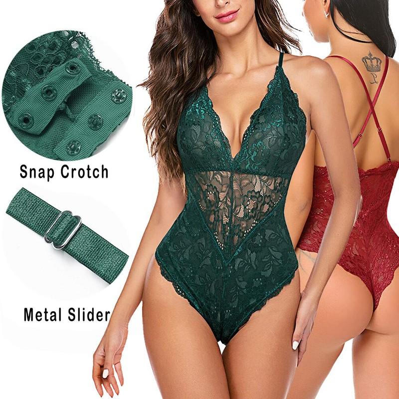 Women's Snap Crotch Lingerie Lace Bodysuit Eyelash Naugthy Teddies Sleepwear
