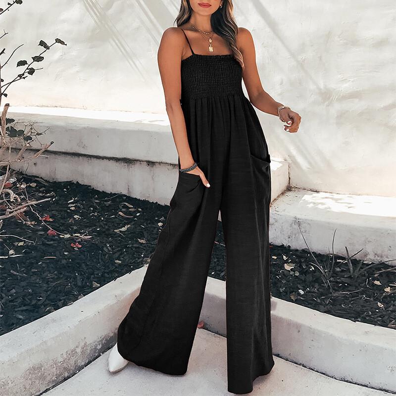 Women's Solid Color Suspender Pleated Casual Fashion Jumpsuit