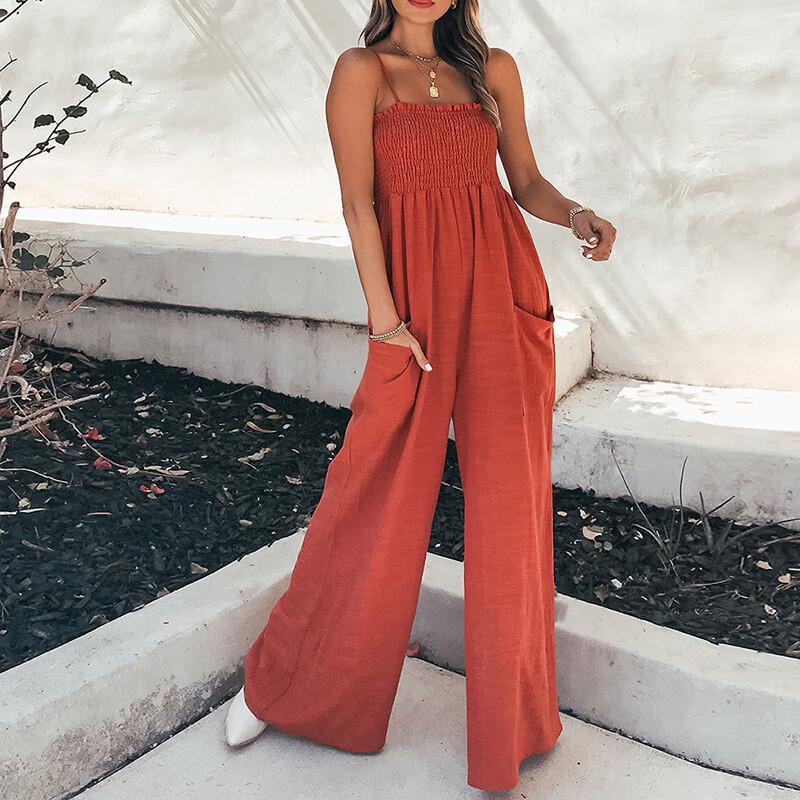 Women's Solid Color Suspender Pleated Casual Fashion Jumpsuit