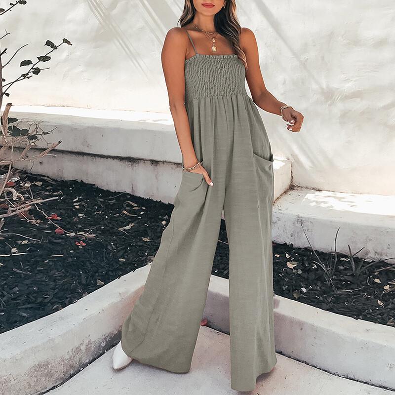 Women's Solid Color Suspender Pleated Casual Fashion Jumpsuit