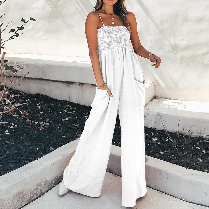 Women's Solid Color Suspender Pleated Casual Fashion Jumpsuit