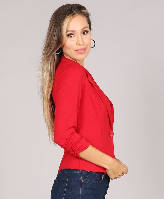 Women's Solid One Button Princess Seam Ruched Cuffs Casual Blazer