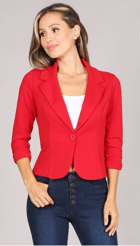 Women's Solid One Button Princess Seam Ruched Cuffs Casual Blazer