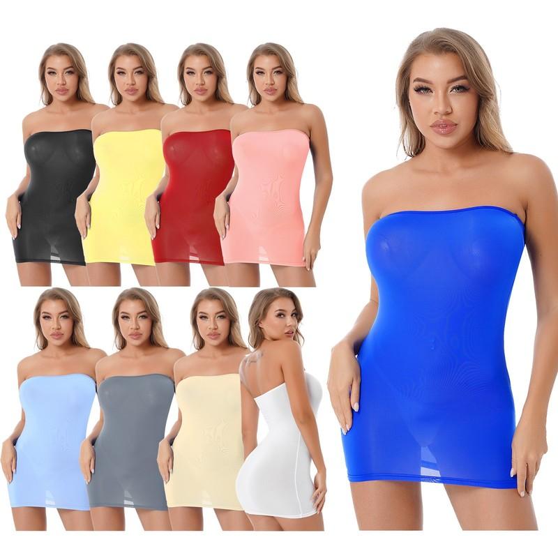 Women's Strapless Cover Up Slip Tube Semi Sheer Stretchy Mini Bodycon Dress