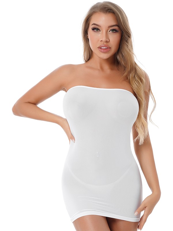 Women's Strapless Cover Up Slip Tube Semi Sheer Stretchy Mini Bodycon Dress