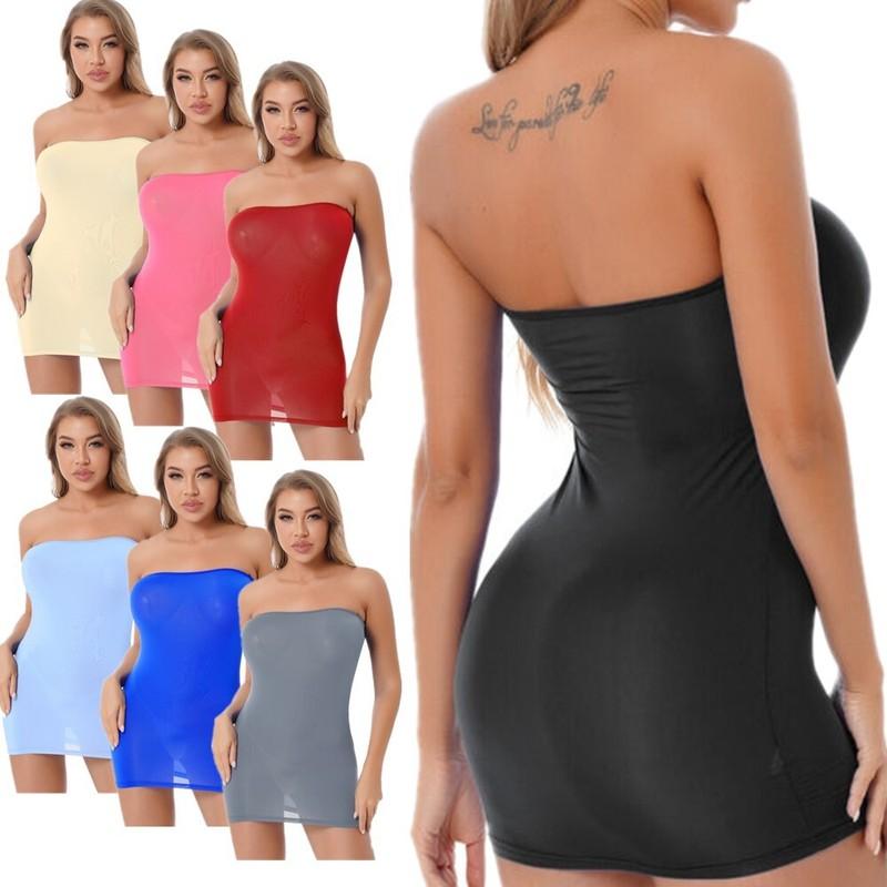 Women's Strapless Cover Up Slip Tube Semi Sheer Stretchy Mini Bodycon Dress