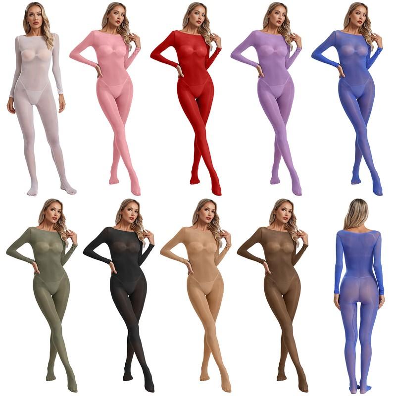 Women's Stretchy Oil Glossy Bodystocking Sheer Mesh Bodysuits Unitards Nightwear