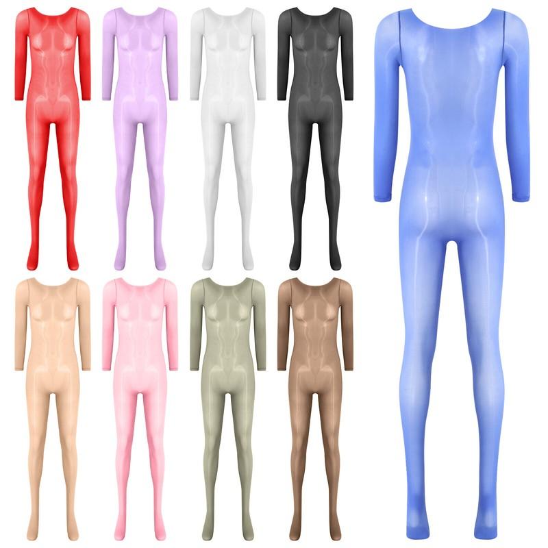 Women's Stretchy Oil Glossy Bodystocking Sheer Mesh Bodysuits Unitards Nightwear