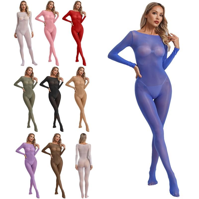Women's Stretchy Oil Glossy Bodystocking Sheer Mesh Bodysuits Unitards Nightwear