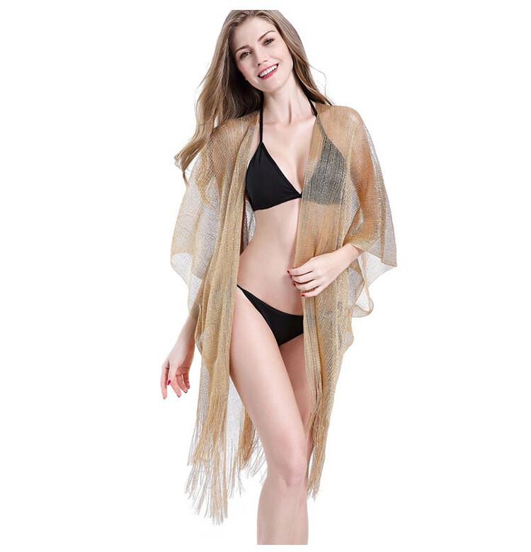 Women's Summer Beach Bikini Fringe Trim Glitter Kimono Bathing Suit Cover Up