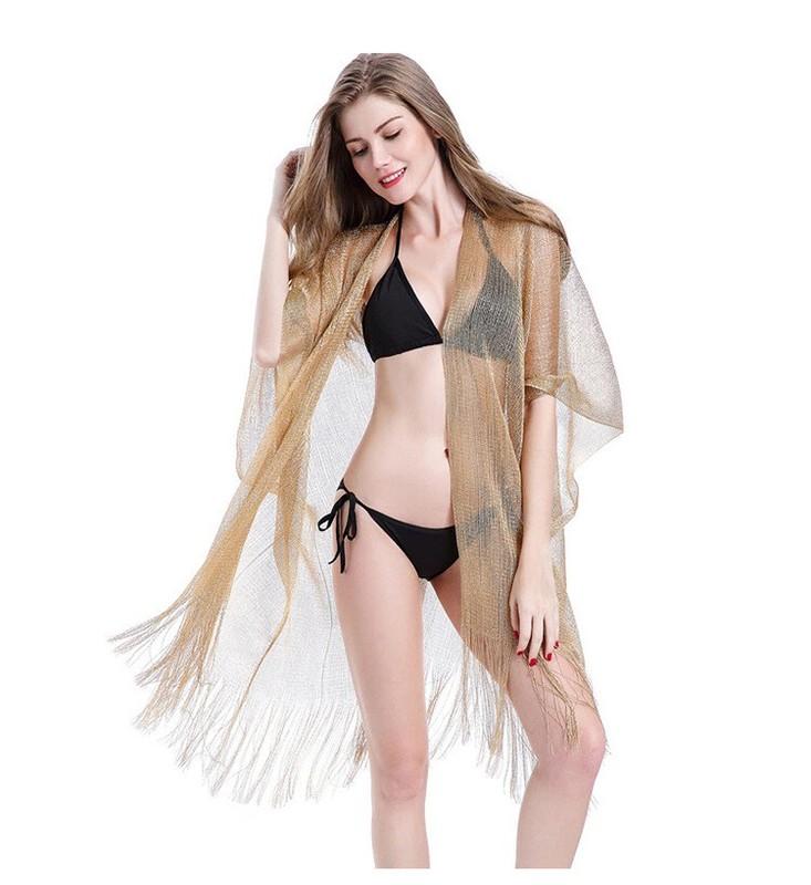 Women's Summer Beach Bikini Fringe Trim Glitter Kimono Bathing Suit Cover Up