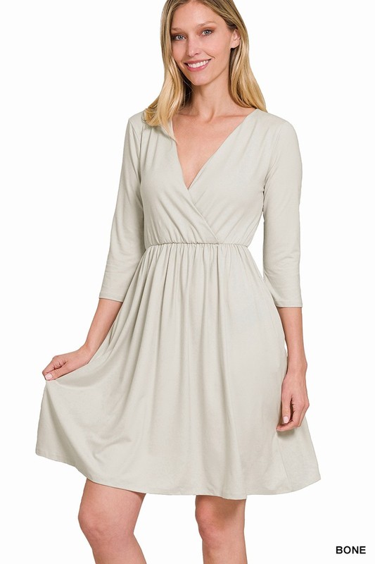 Women's Surplice Neckline 3/4 Sleeve Knee Length Dress Side Pockets Buttery Soft